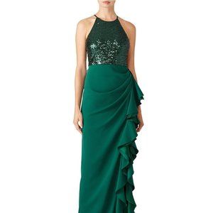 Badgley Mischka Green Crepe Sequin Ruffle Maxi Gown Dress Size 2